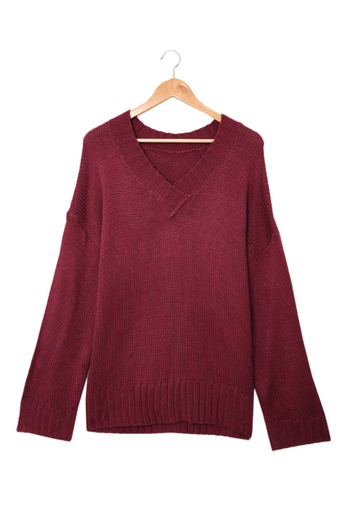 V Neck Drop Shoulder Knitted Sweater